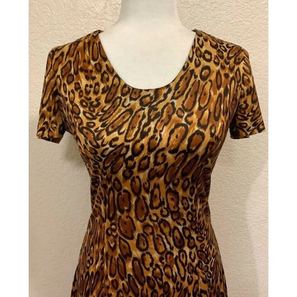 Sara's Las Vegas Vintage 80s Leopard Print Satin Swing Retro Dress - Picture 4 of 6